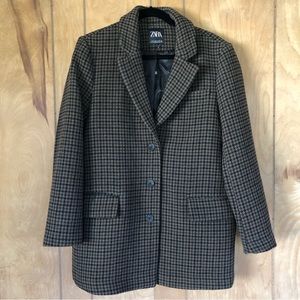 ZARA Brown Plaid Coat Houndstooth Blazer Oversized Black